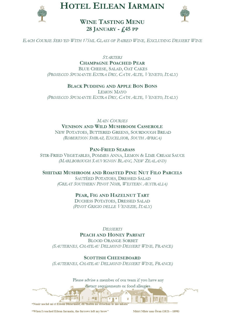 Wine Tasting Menu Hotel Eilean Iarmain Isle of Skye